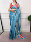 Sky Blue Satin Silk Printed Saree ClothsVilla