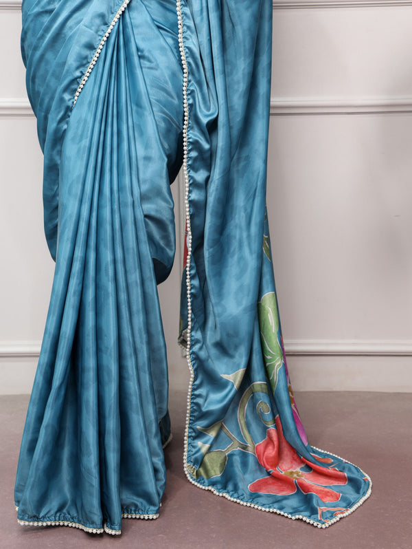 Sky Blue Satin Silk Printed Saree ClothsVilla