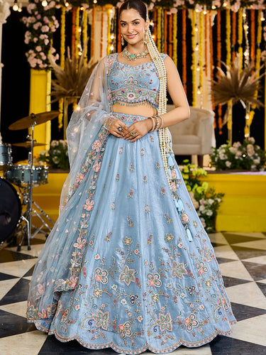 Sky Blue Satin Silk Sequin & Embroidery Lehenga Choli with Net Dupatta – Fully Stitched ClothsVilla