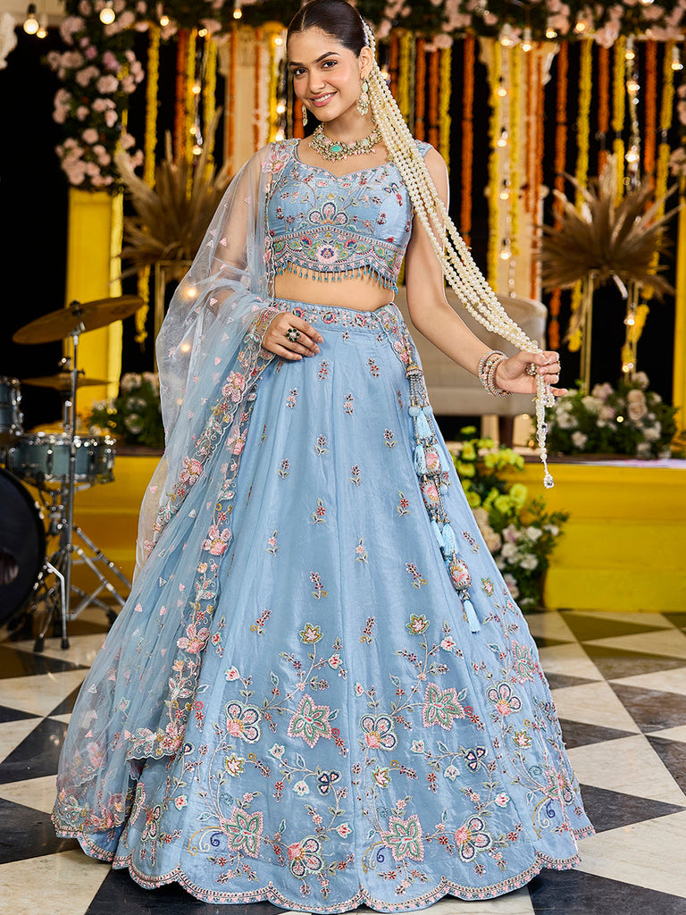 Sky Blue Satin Silk Sequin & Embroidery Lehenga Choli with Net Dupatta – Fully Stitched ClothsVilla