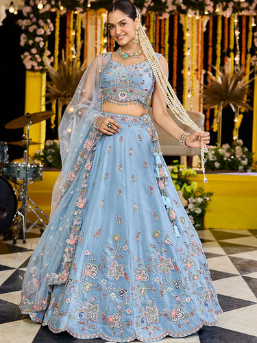 Sky Blue Satin Silk Sequin & Embroidery Lehenga Choli with Net Dupatta – Fully Stitched ClothsVilla