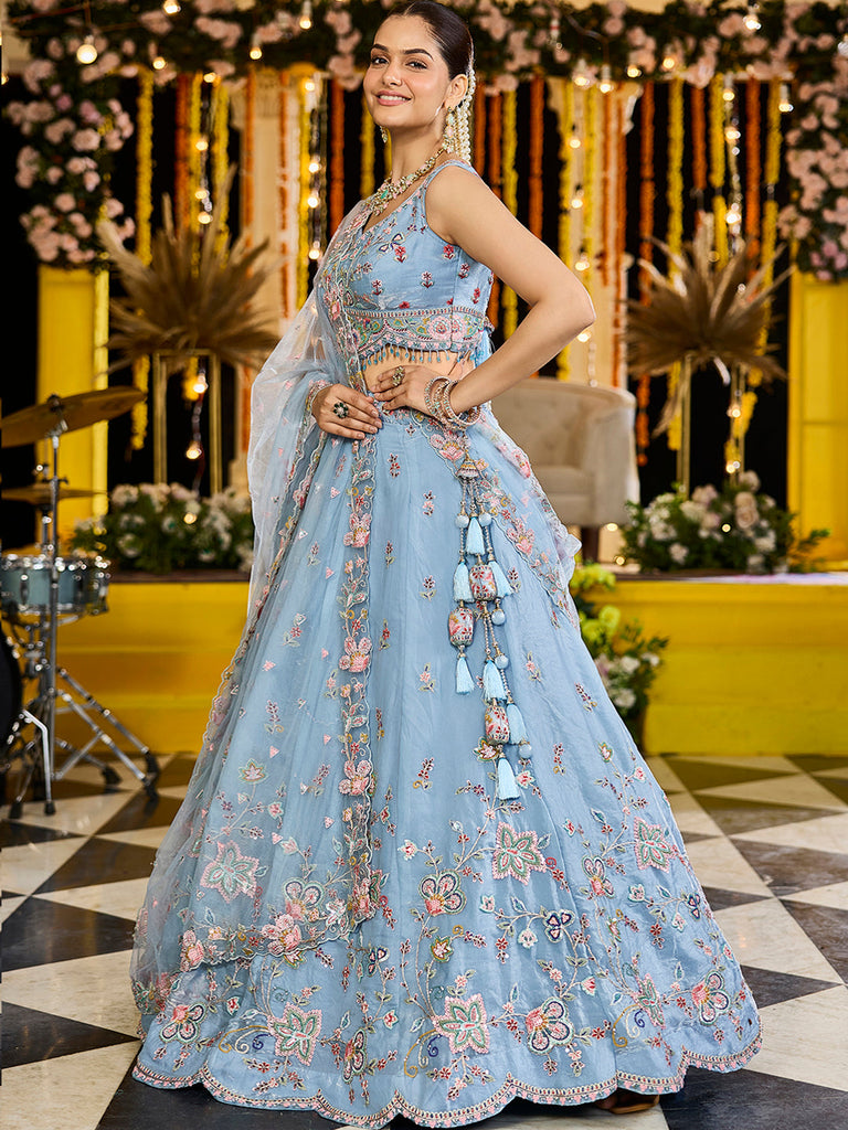 Sky Blue Satin Silk Sequin & Embroidery Lehenga Choli with Net Dupatta – Fully Stitched ClothsVilla
