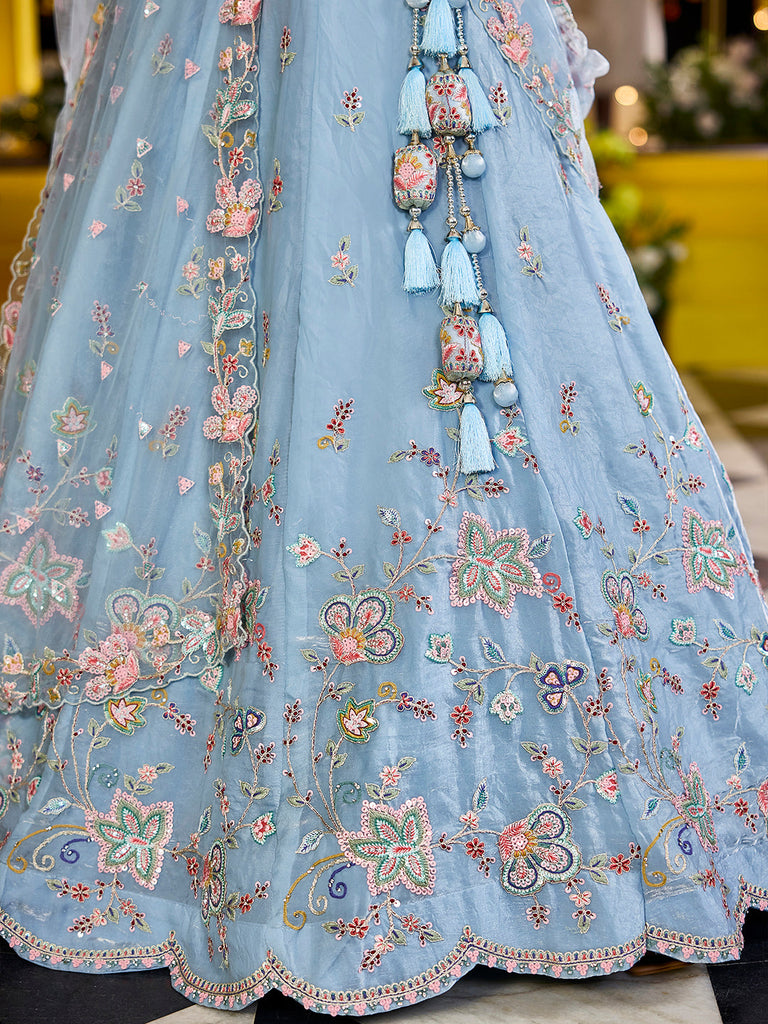 Sky Blue Satin Silk Sequin & Embroidery Lehenga Choli with Net Dupatta – Fully Stitched ClothsVilla