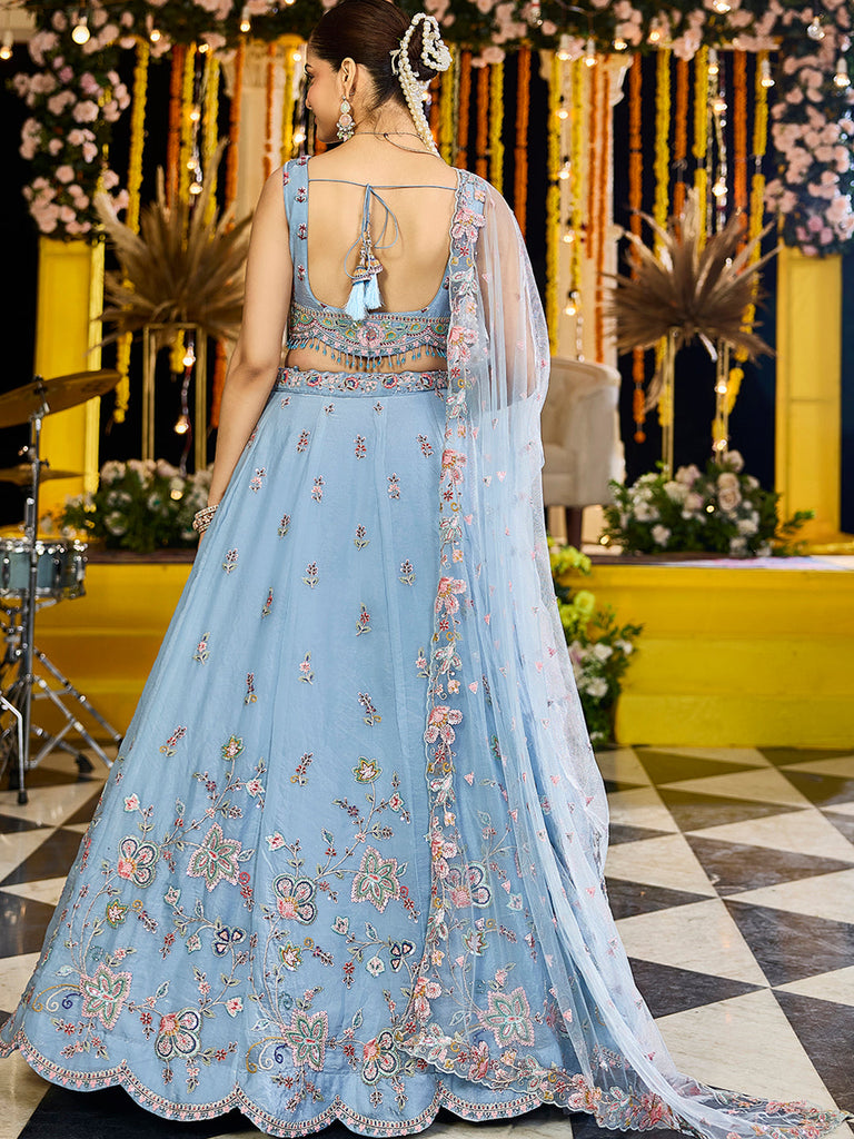 Sky Blue Satin Silk Sequin & Embroidery Lehenga Choli with Net Dupatta – Fully Stitched ClothsVilla