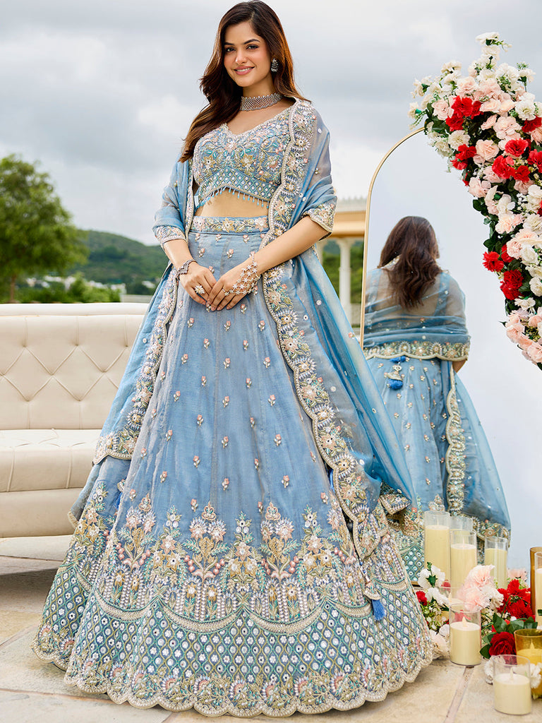Sky Blue Satin Silk Sequins & Embroidery Lehenga Choli with Ethnic Dupatta – Fully Stitched ClothsVilla