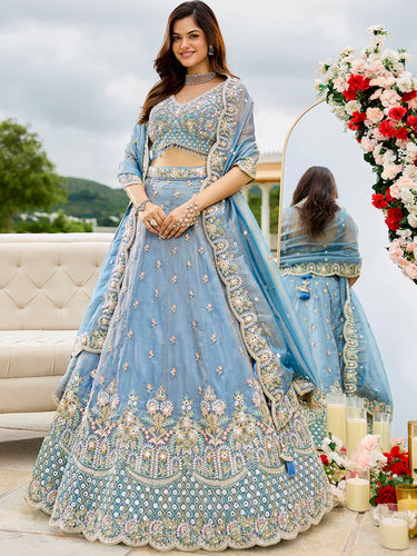 Sky Blue Satin Silk Sequins & Embroidery Lehenga Choli with Ethnic Dupatta – Fully Stitched ClothsVilla