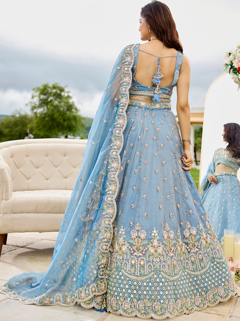 Sky Blue Satin Silk Sequins & Embroidery Lehenga Choli with Ethnic Dupatta – Fully Stitched ClothsVilla