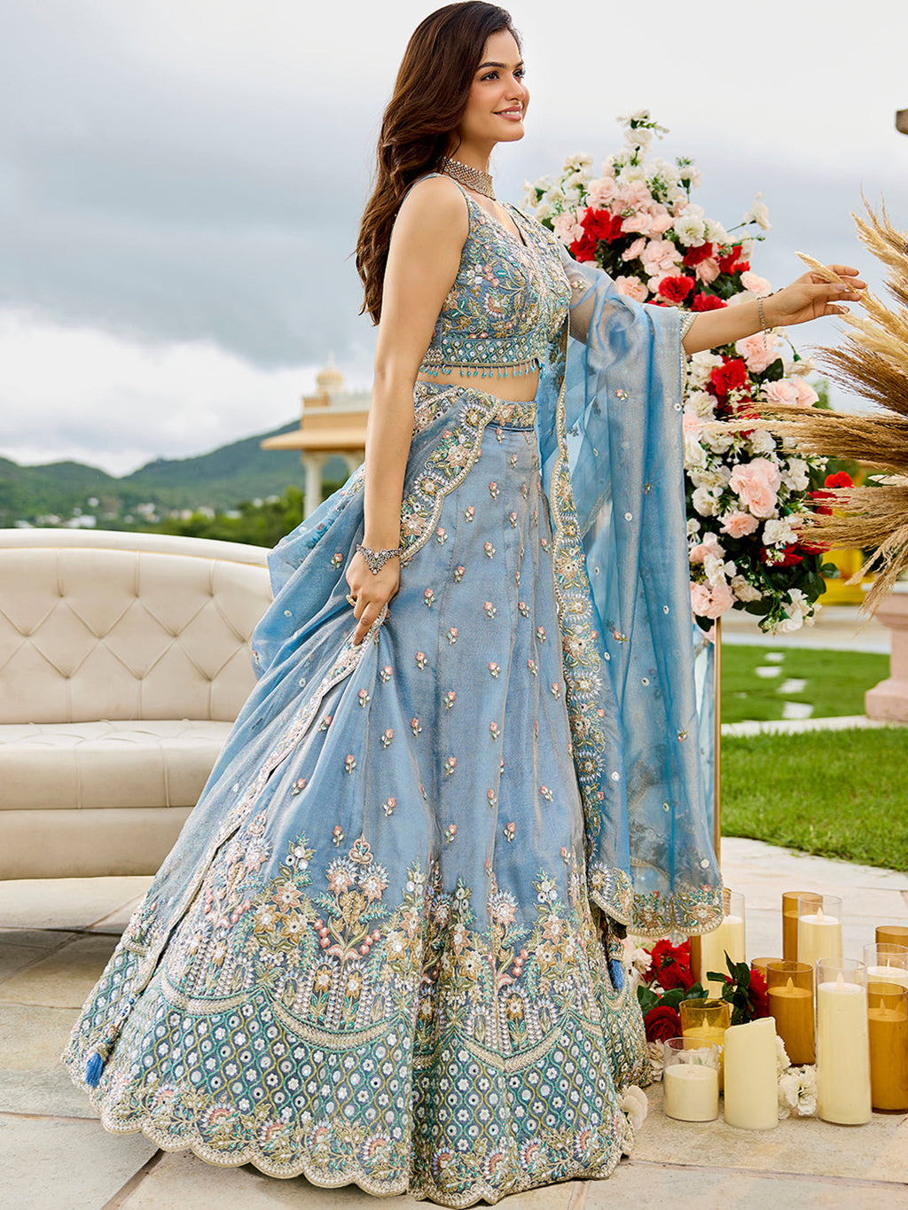 Sky Blue Satin Silk Sequins & Embroidery Lehenga Choli with Ethnic Dupatta – Fully Stitched ClothsVilla