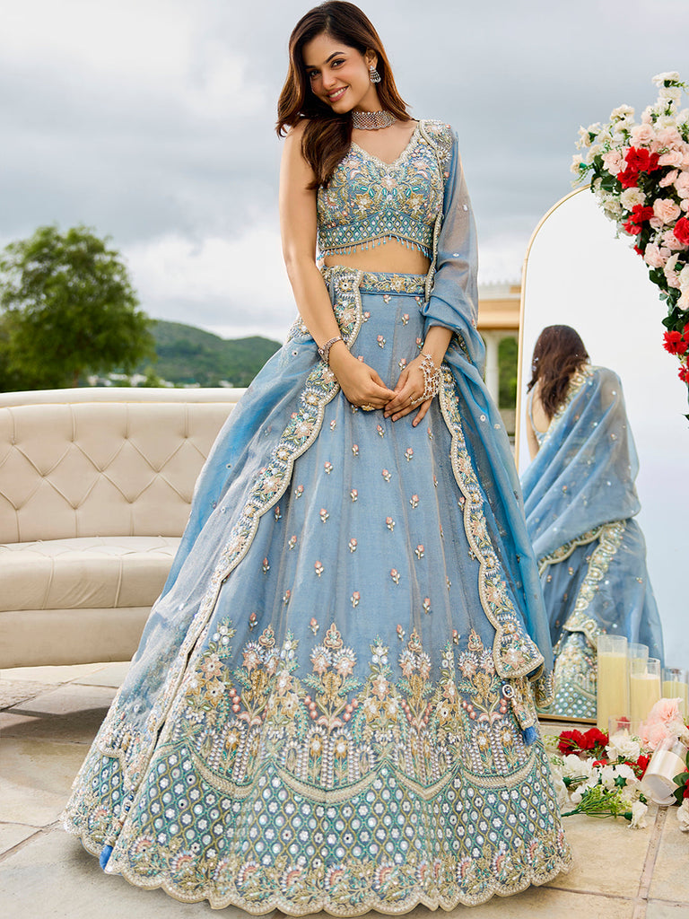 Sky Blue Satin Silk Sequins & Embroidery Lehenga Choli with Ethnic Dupatta – Fully Stitched ClothsVilla