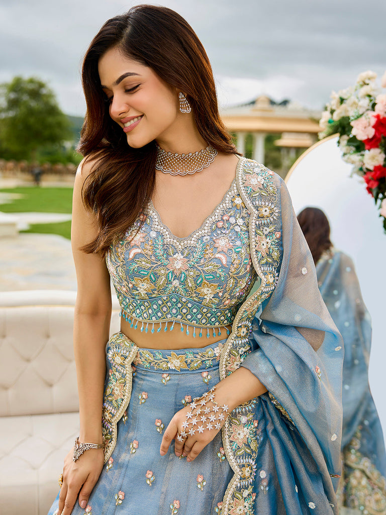 Sky Blue Satin Silk Sequins & Embroidery Lehenga Choli with Ethnic Dupatta – Fully Stitched ClothsVilla
