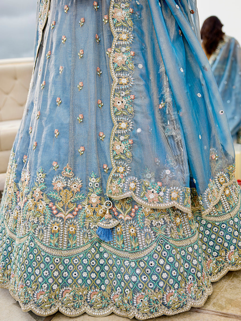 Sky Blue Satin Silk Sequins & Embroidery Lehenga Choli with Ethnic Dupatta – Fully Stitched ClothsVilla