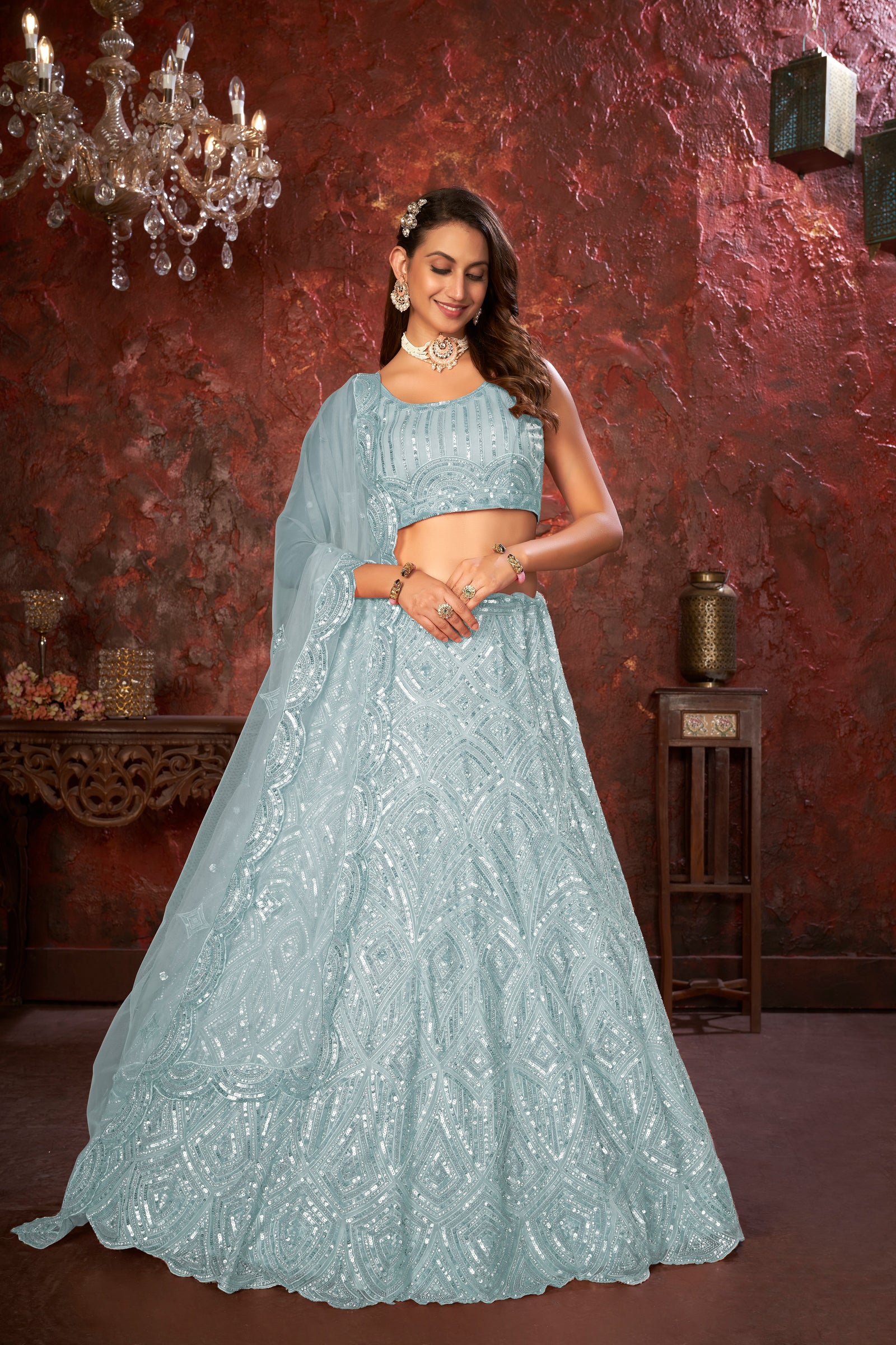 Sky Blue Sequin Embroidered Lehenga Choli Set - Regal Elegance - Designer Wear ClothsVilla