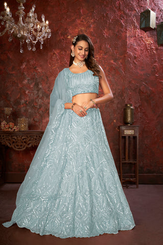 Sky Blue Sequin Embroidered Lehenga Choli Set - Regal Elegance - Designer Wear ClothsVilla