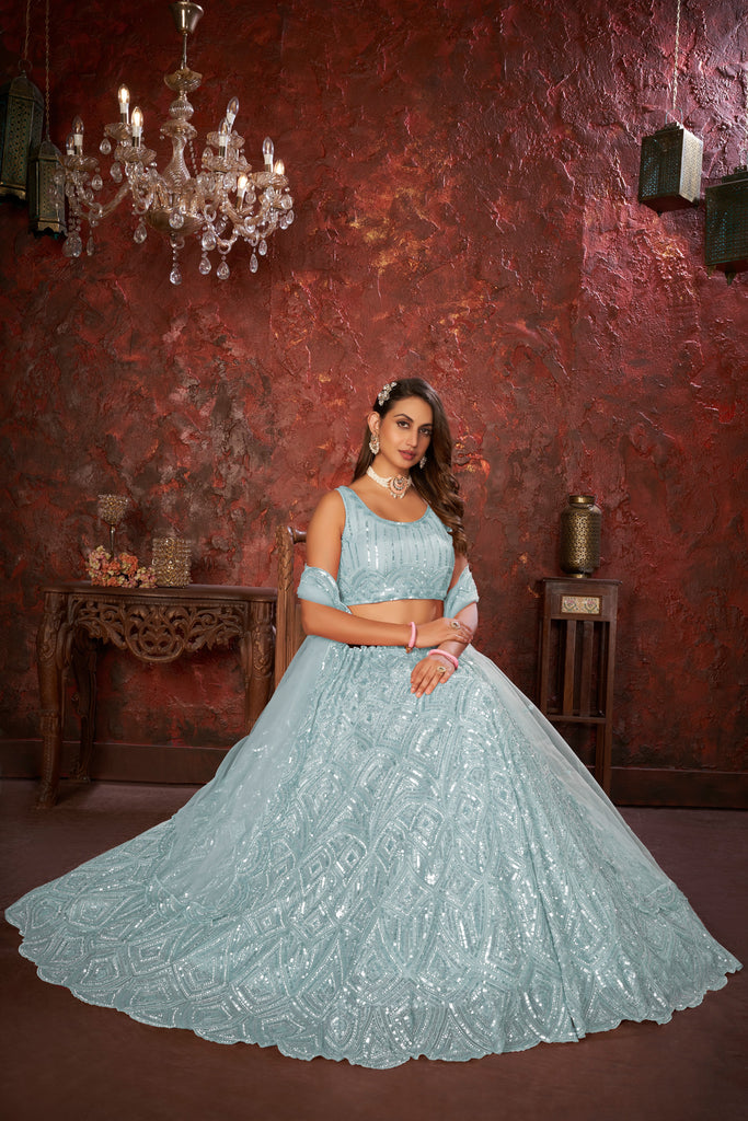 Sky Blue Sequin Embroidered Lehenga Choli Set - Regal Elegance - Designer Wear ClothsVilla