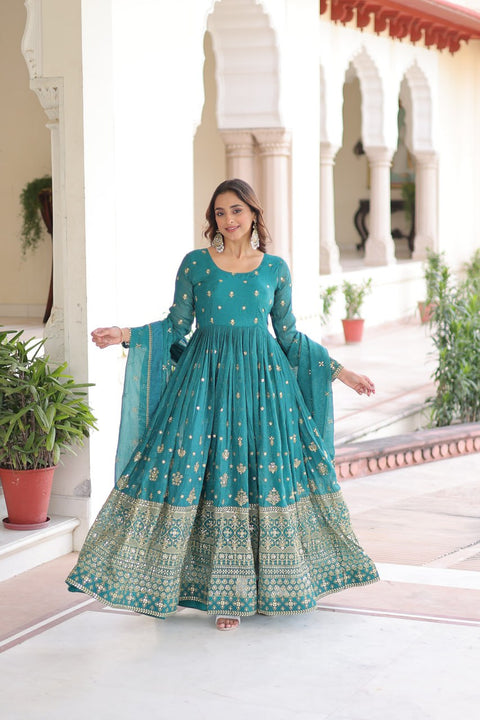 Sky Blue Sequins Embroidered Gown with Dupatta Main image