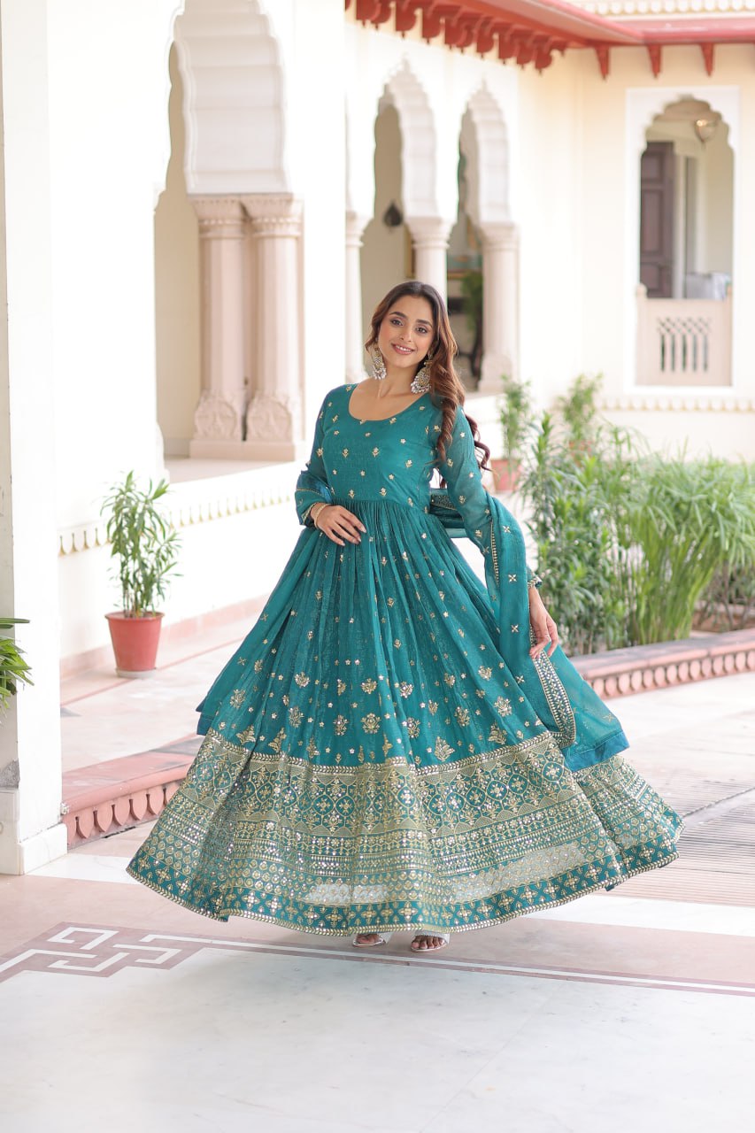 Sky Blue Sequins Embroidered Gown with Dupatta