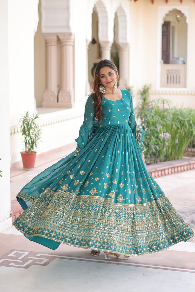 Sky Blue Sequins Embroidered Gown with Dupatta
