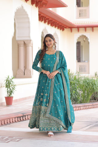 Sky Blue Sequins Embroidered Gown with Dupatta