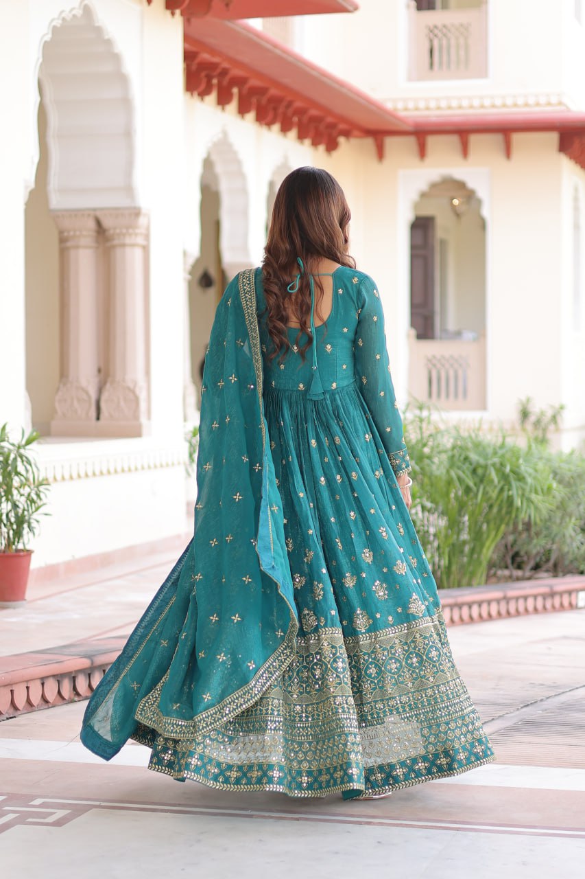 Sky Blue Sequins Embroidered Gown with Dupatta