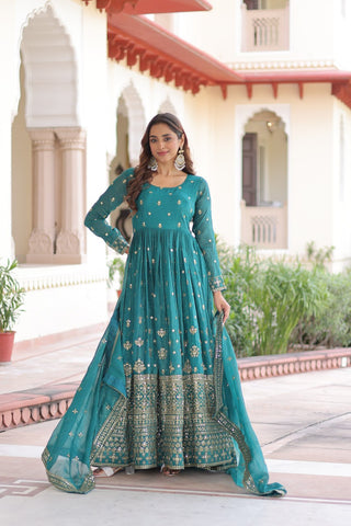 Sky Blue Sequins Embroidered Gown with Dupatta