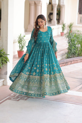 Sky Blue Sequins Embroidered Gown with Dupatta