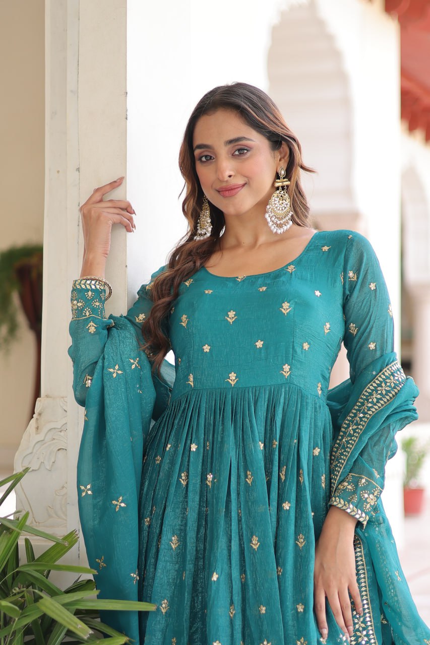 Sky Blue Sequins Embroidered Gown with Dupatta