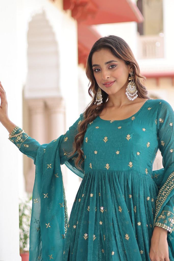 Sky Blue Sequins Embroidered Gown with Dupatta