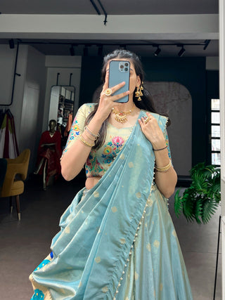 Sky Blue Shimmer Zari Weaving Lehenga ClothsVilla