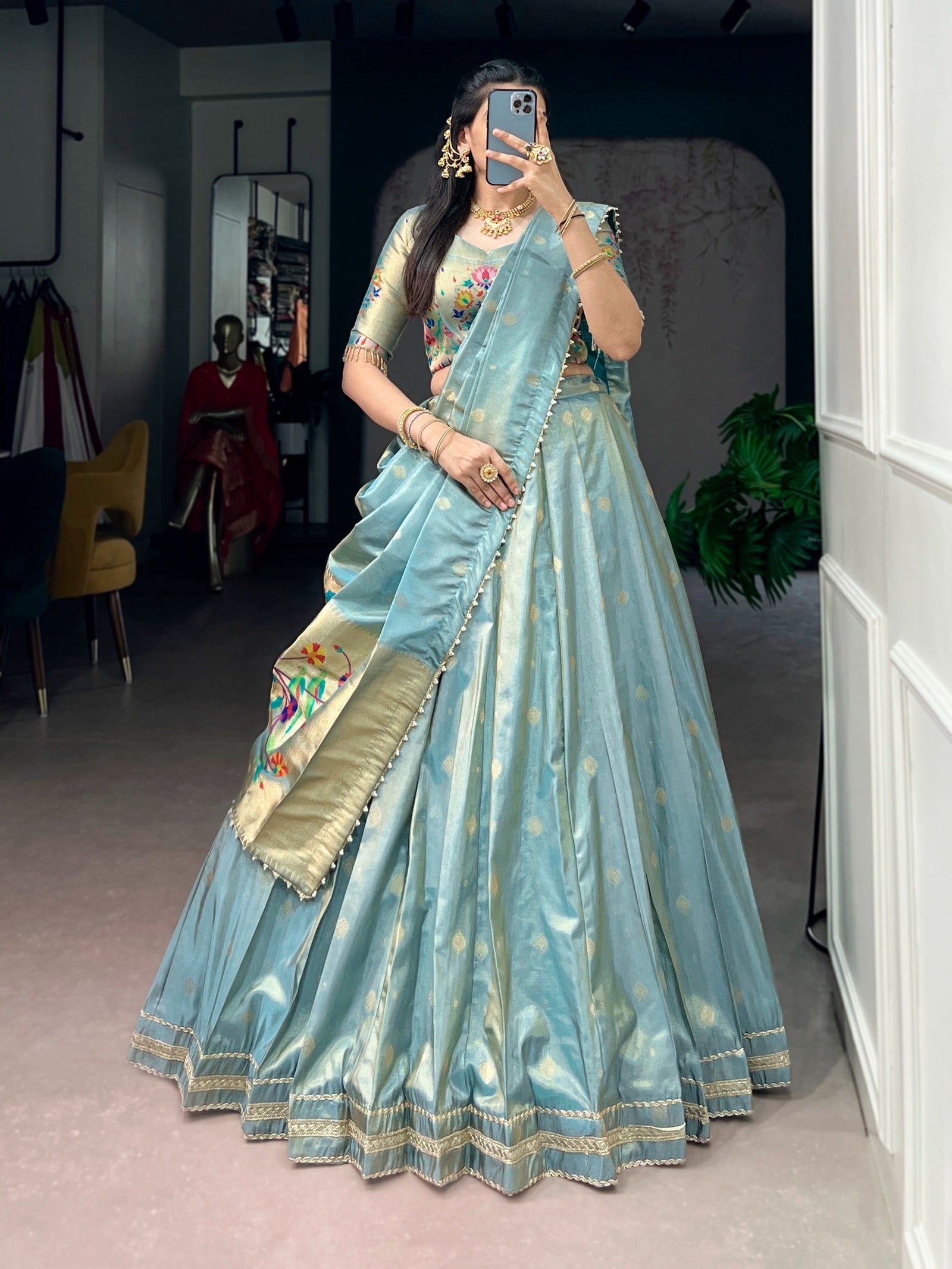 Sky Blue Shimmer Zari Weaving Lehenga ClothsVilla