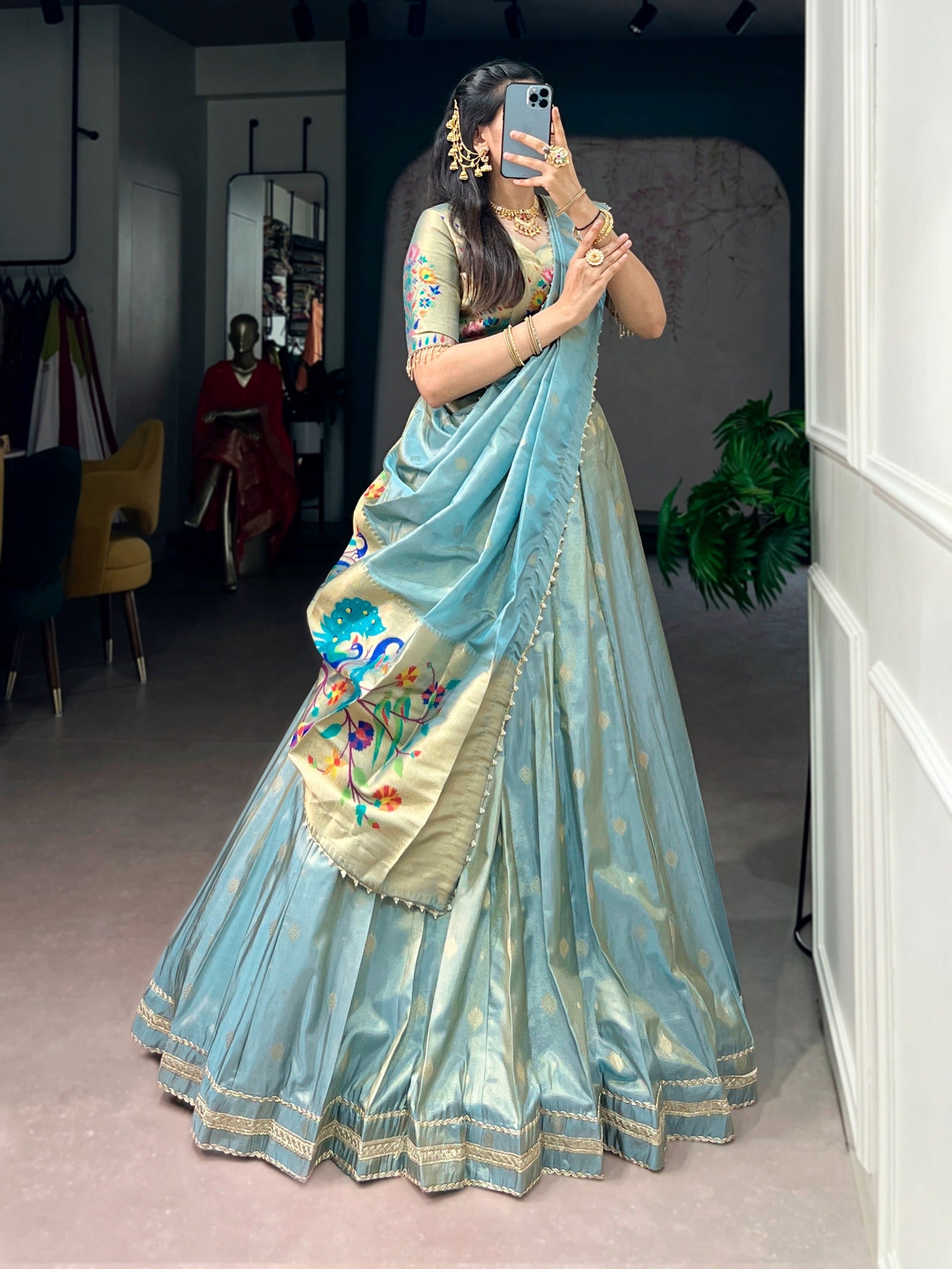 Sky Blue Shimmer Zari Weaving Lehenga ClothsVilla