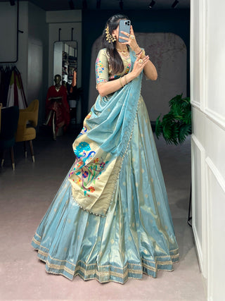 Sky Blue Shimmer Zari Weaving Lehenga ClothsVilla