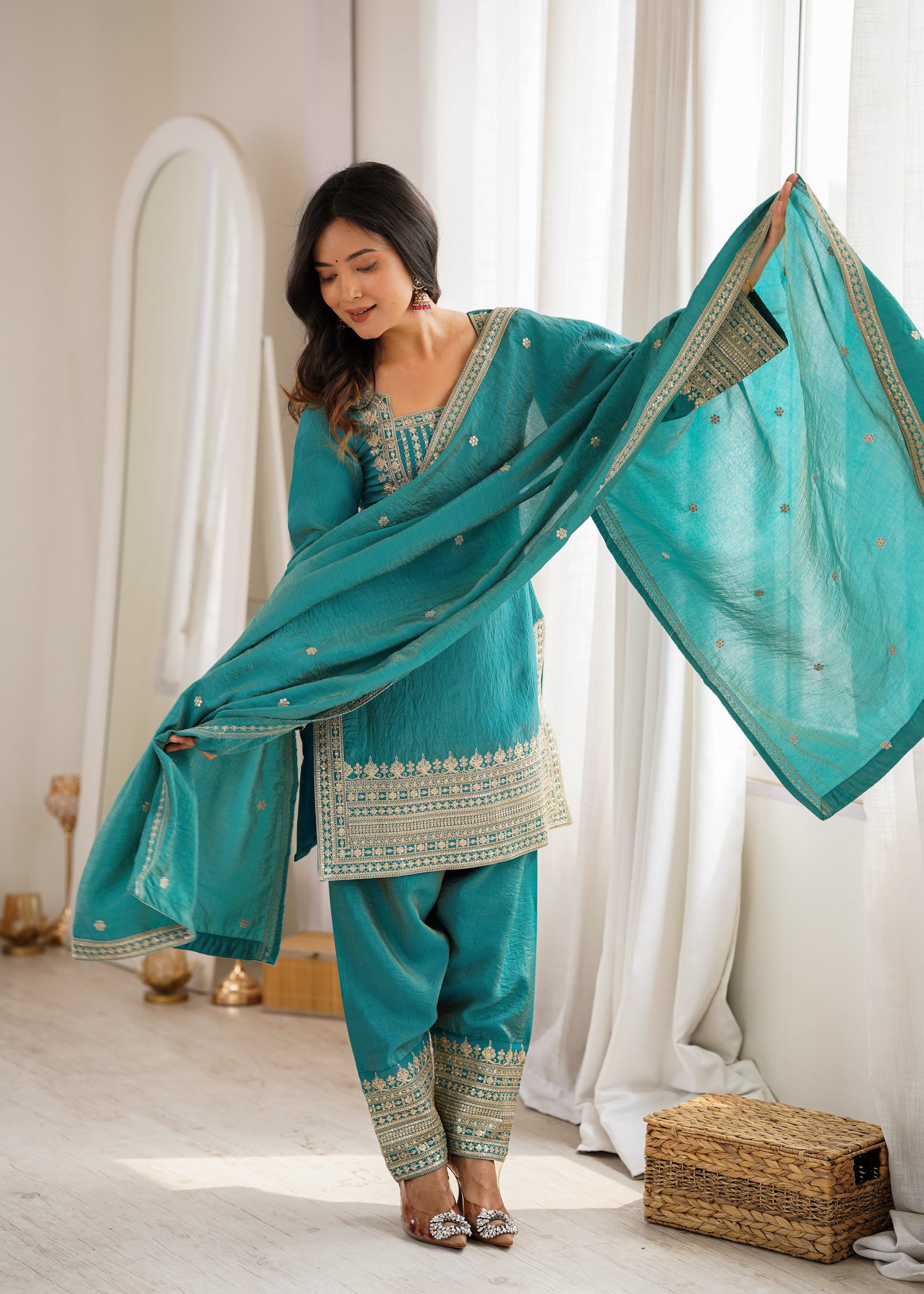 Sky Blue Silk Farshi Shalwar Suit ClothsVilla
