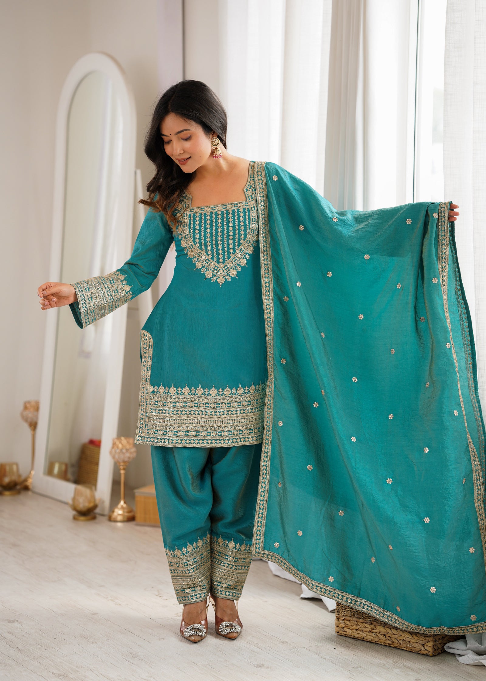 Sky Blue Silk Farshi Shalwar Suit ClothsVilla