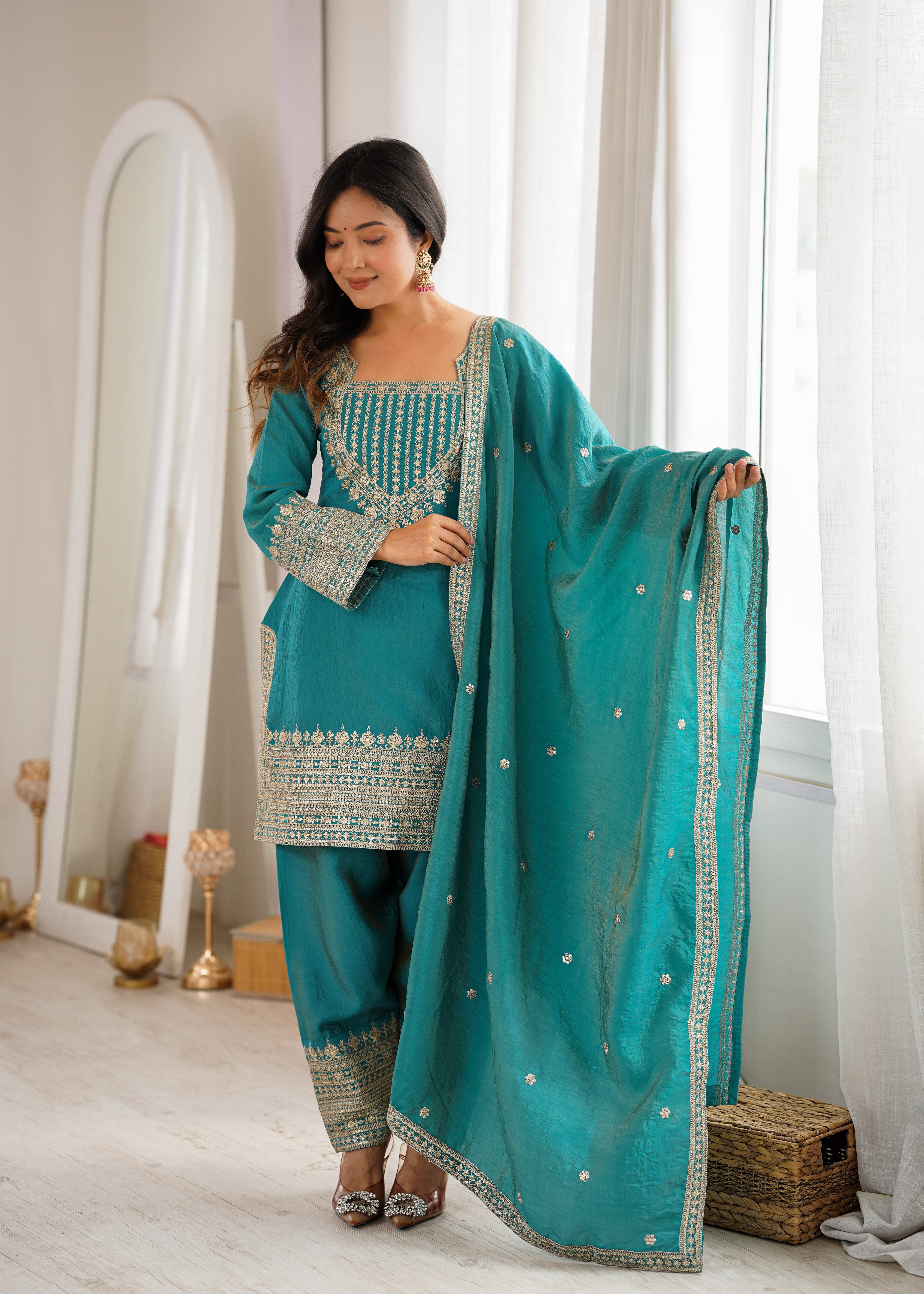 Sky Blue Silk Farshi Shalwar Suit Secondary image