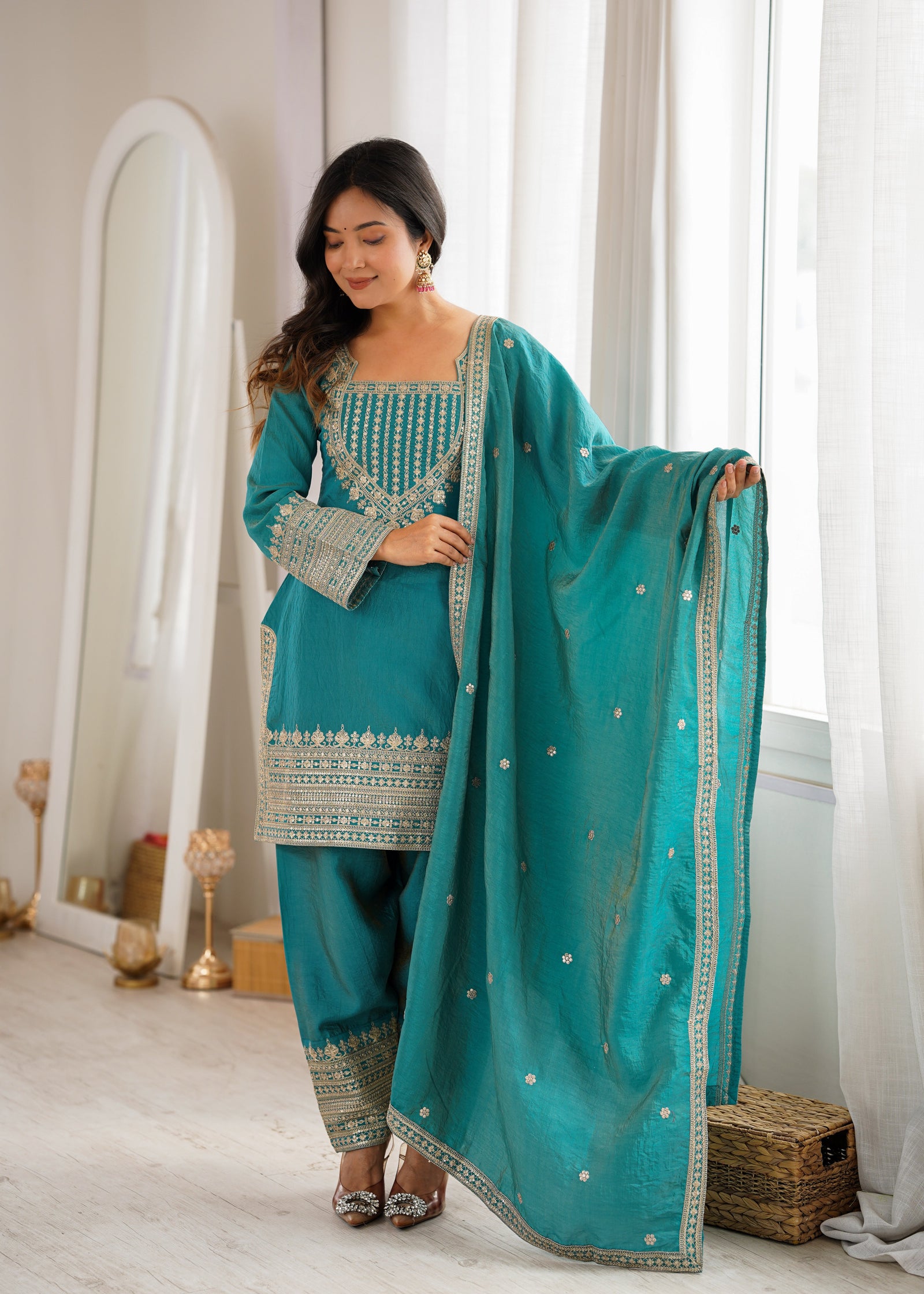 Sky Blue Silk Farshi Shalwar Suit ClothsVilla