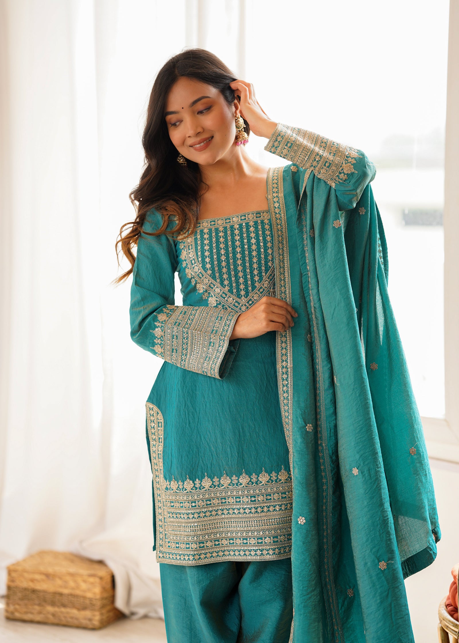 Sky Blue Silk Farshi Shalwar Suit ClothsVilla