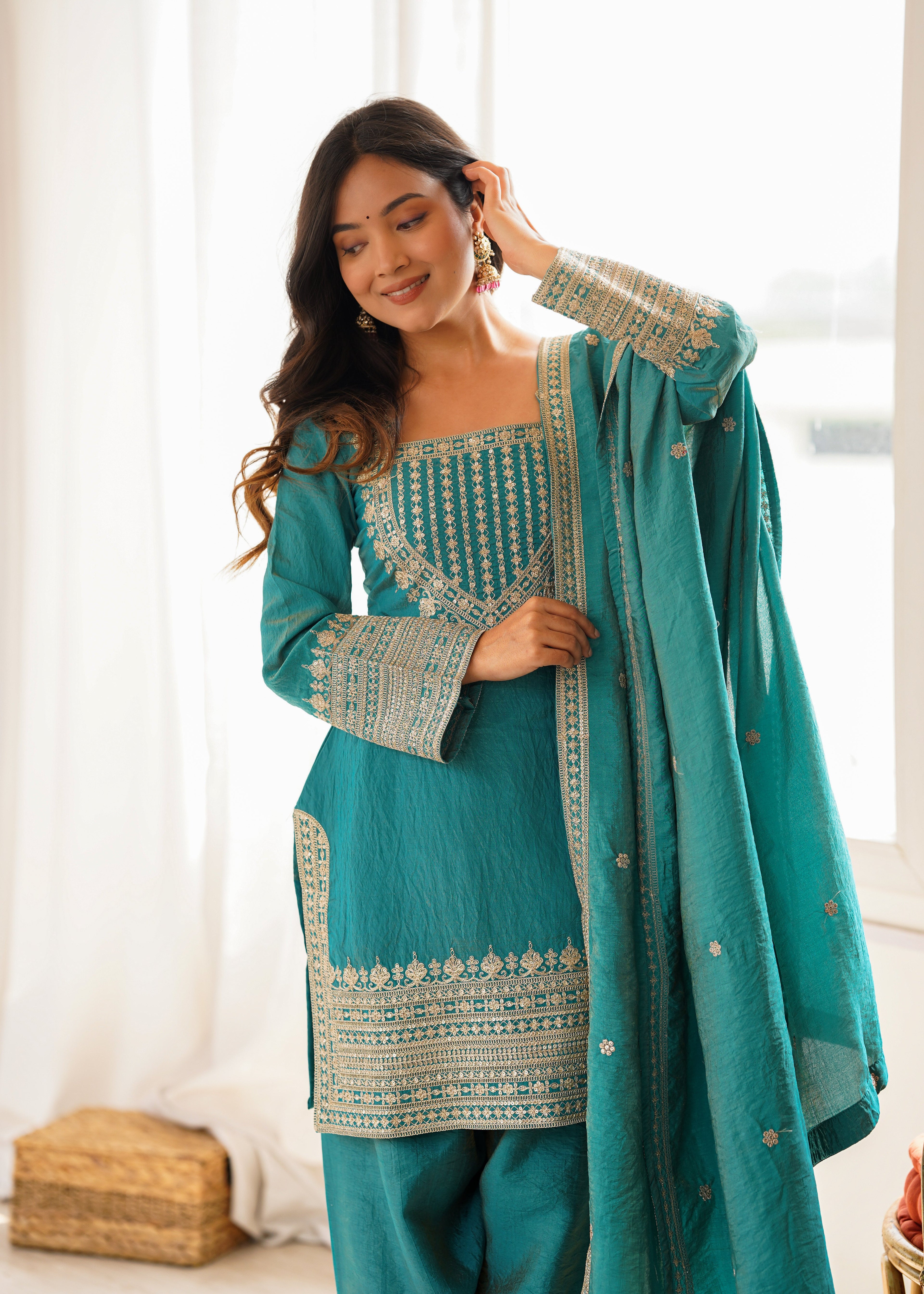 Sky Blue Silk Farshi Shalwar Suit ClothsVilla