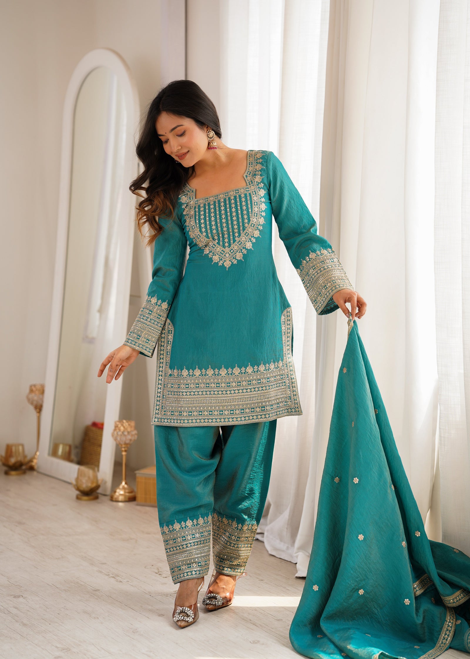 Sky Blue Silk Farshi Shalwar Suit ClothsVilla