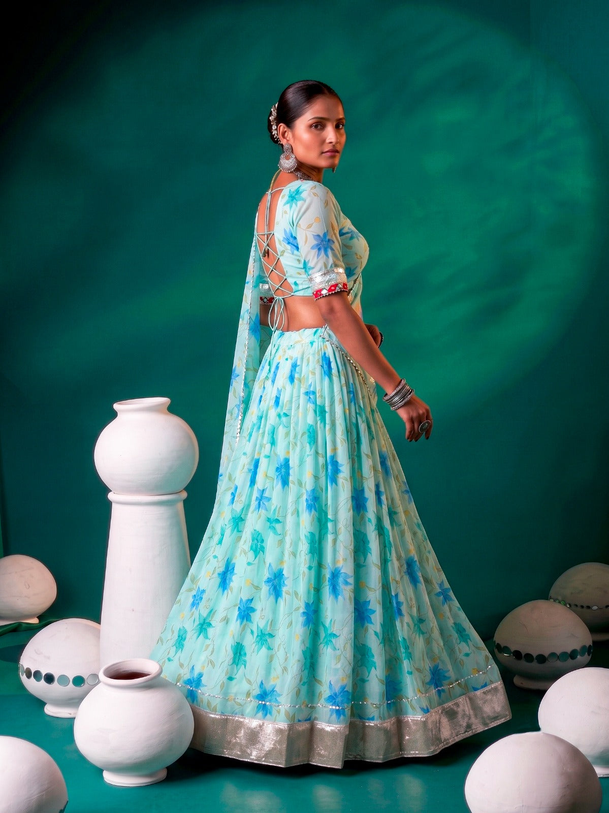 Sky Blue Silk Floral Printed Lehenga ClothsVilla
