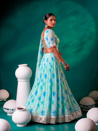 Sky Blue Silk Floral Printed Lehenga ClothsVilla