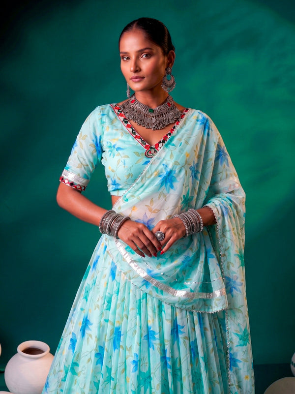 Sky Blue Silk Floral Printed Lehenga ClothsVilla