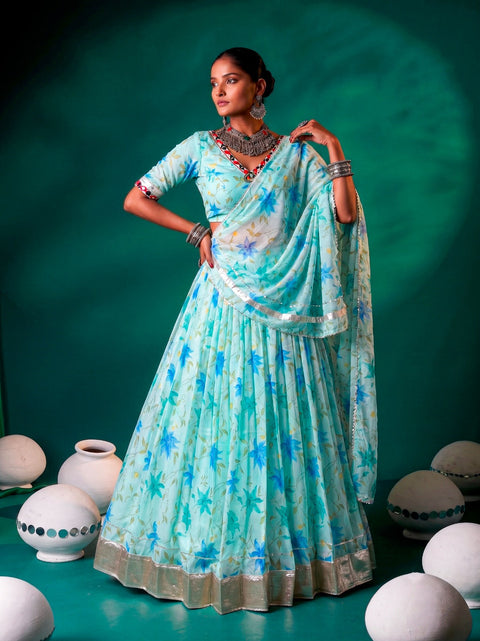 Sky Blue Silk Floral Printed Lehenga ClothsVilla Main image