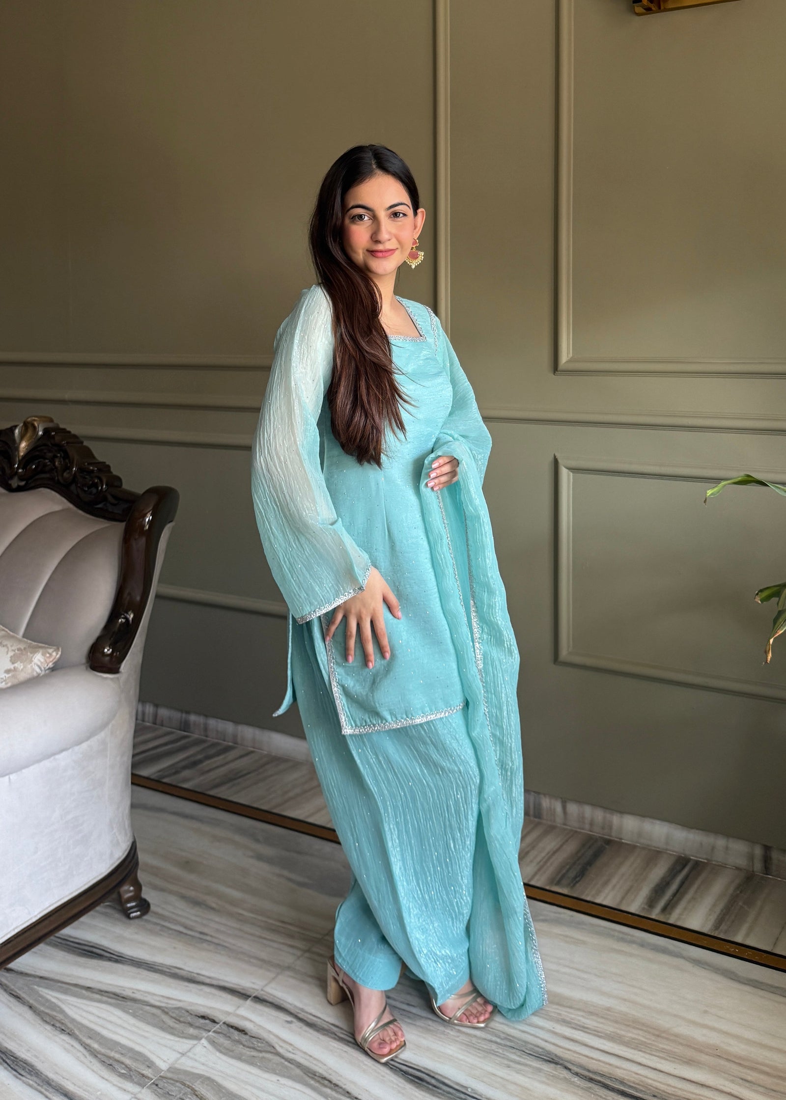 Sky Blue Silk Kurta Salwar Set ClothsVilla