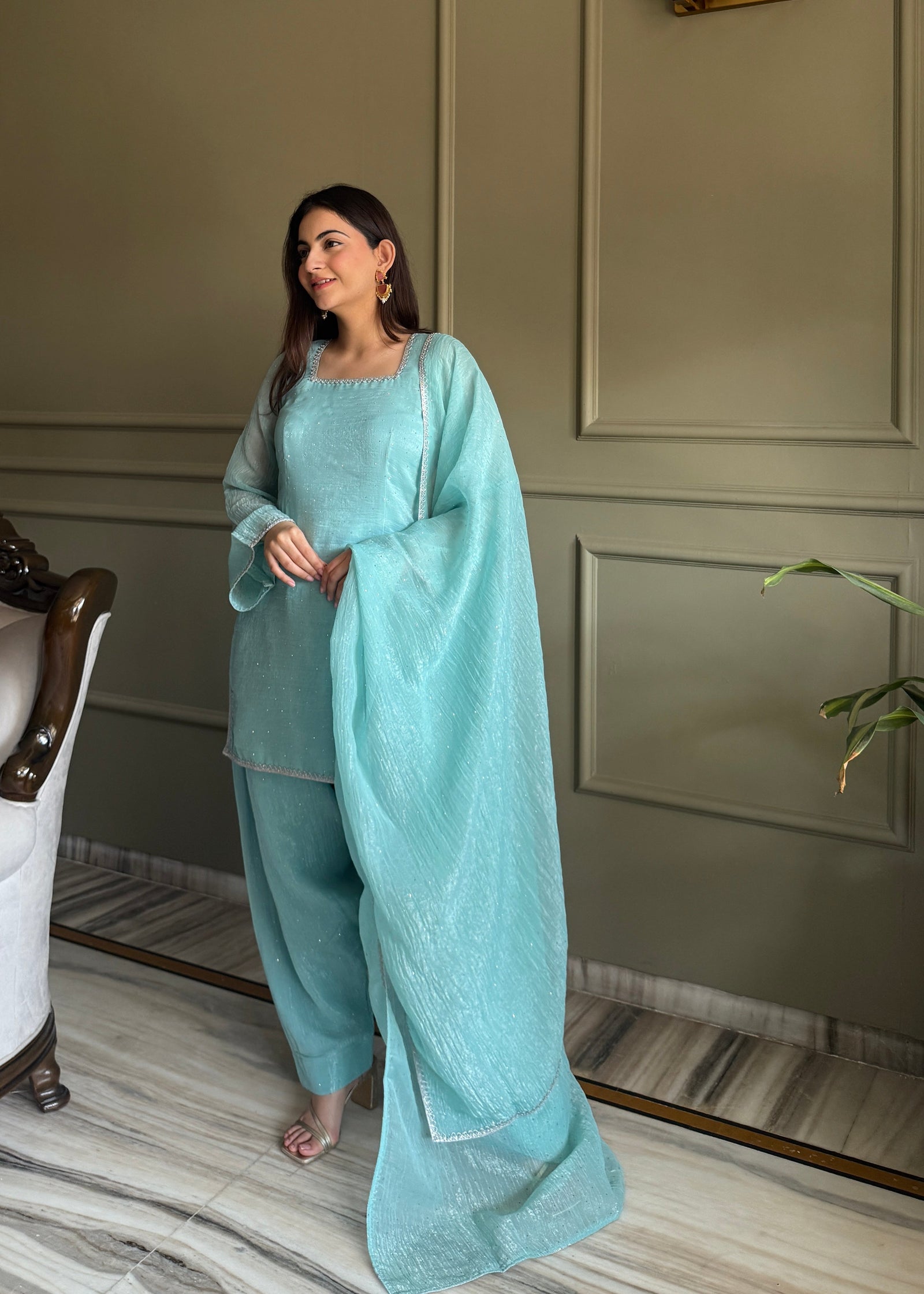 Sky Blue Silk Kurta Salwar Set ClothsVilla
