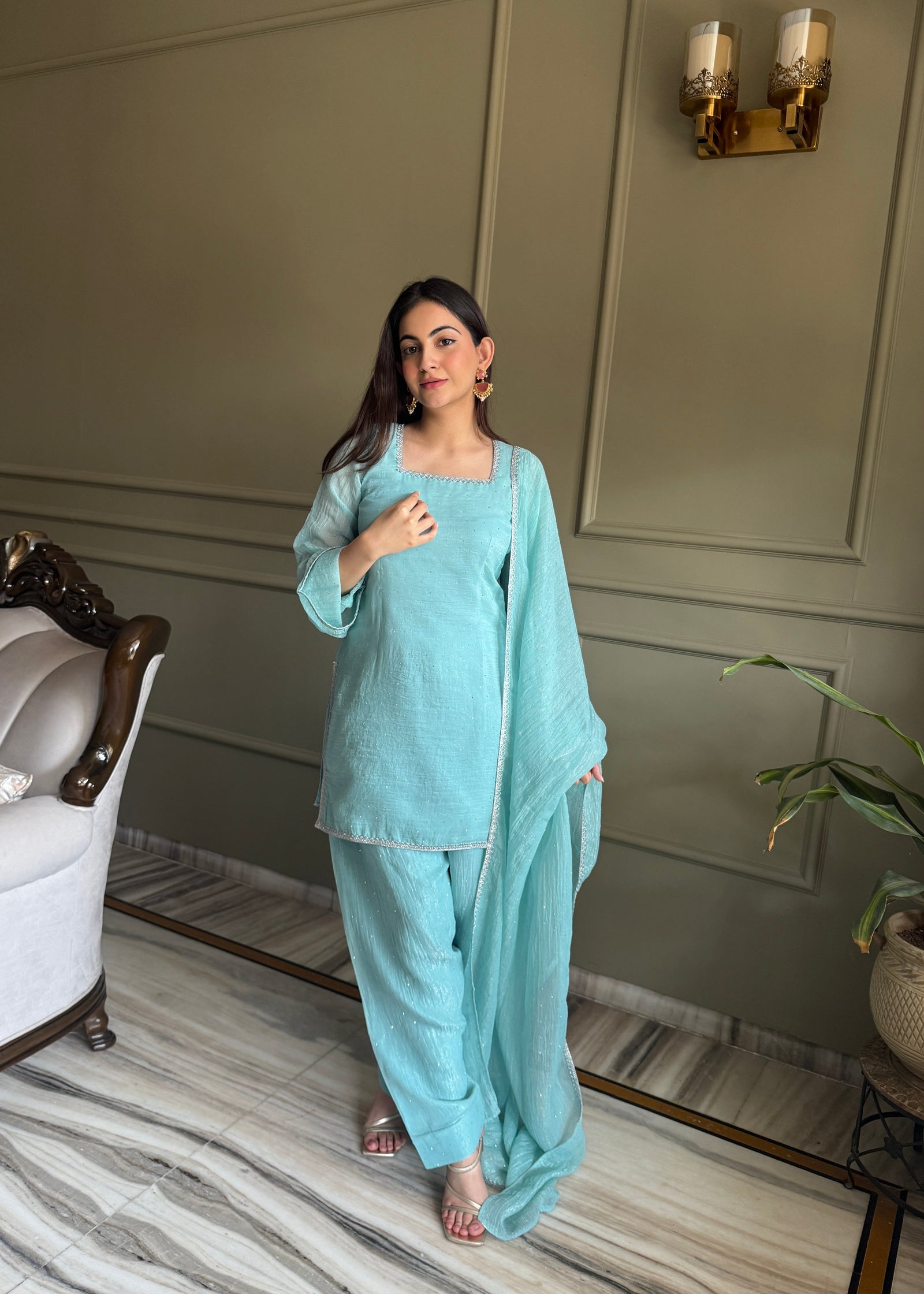 Sky Blue Silk Kurta Salwar Set ClothsVilla