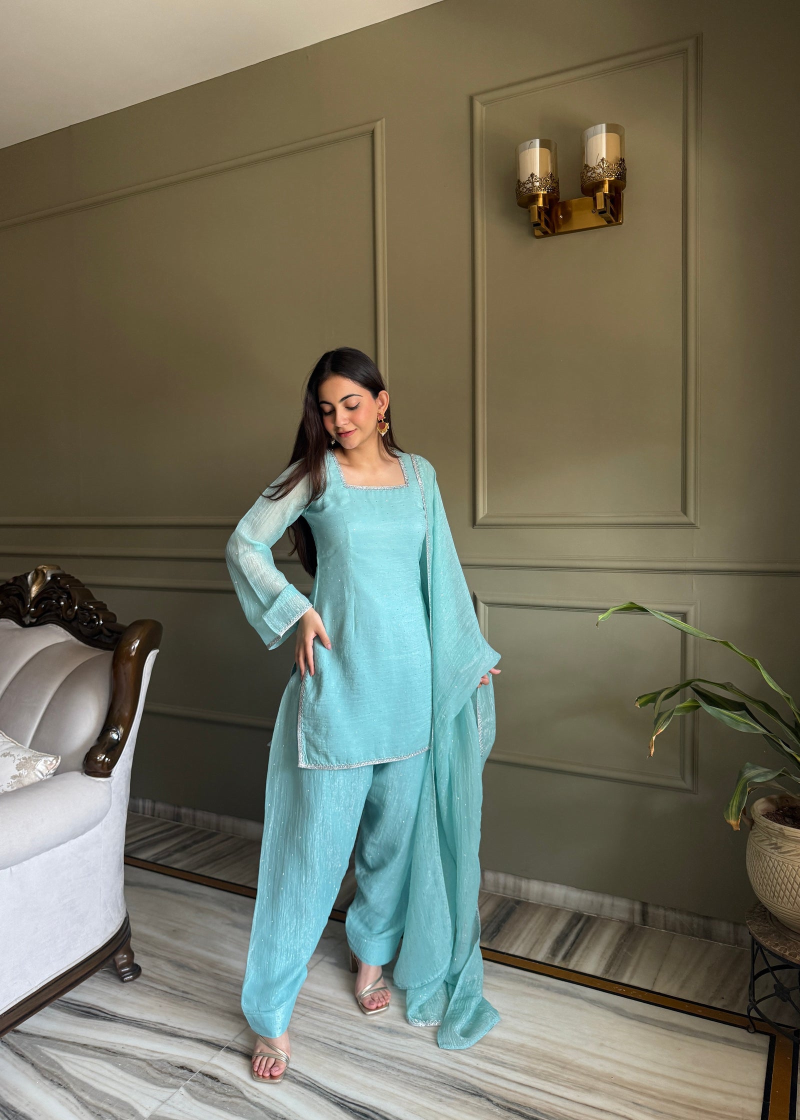 Sky Blue Silk Kurta Salwar Set ClothsVilla