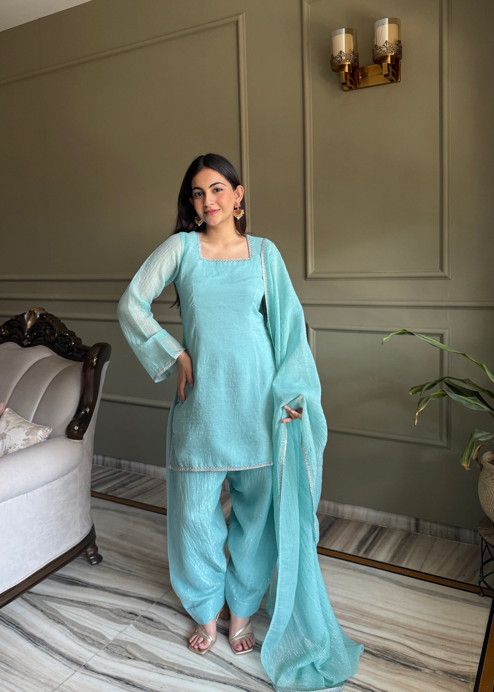 Sky Blue Silk Kurta Salwar Set ClothsVilla