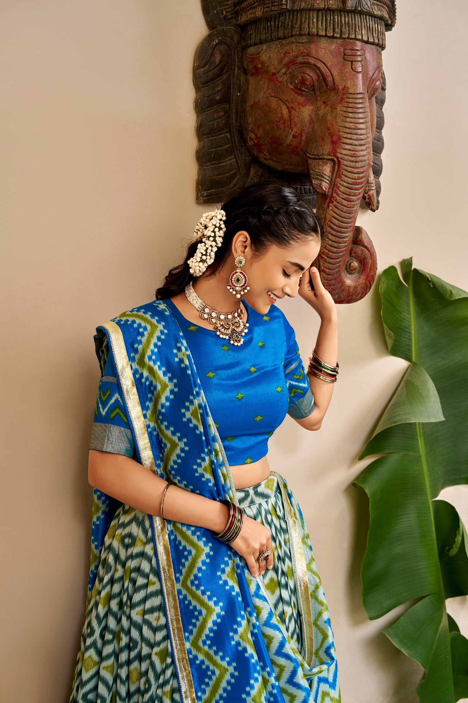 Sky Blue Silk Print Lehenga with Lace Dupatta ClothsVilla