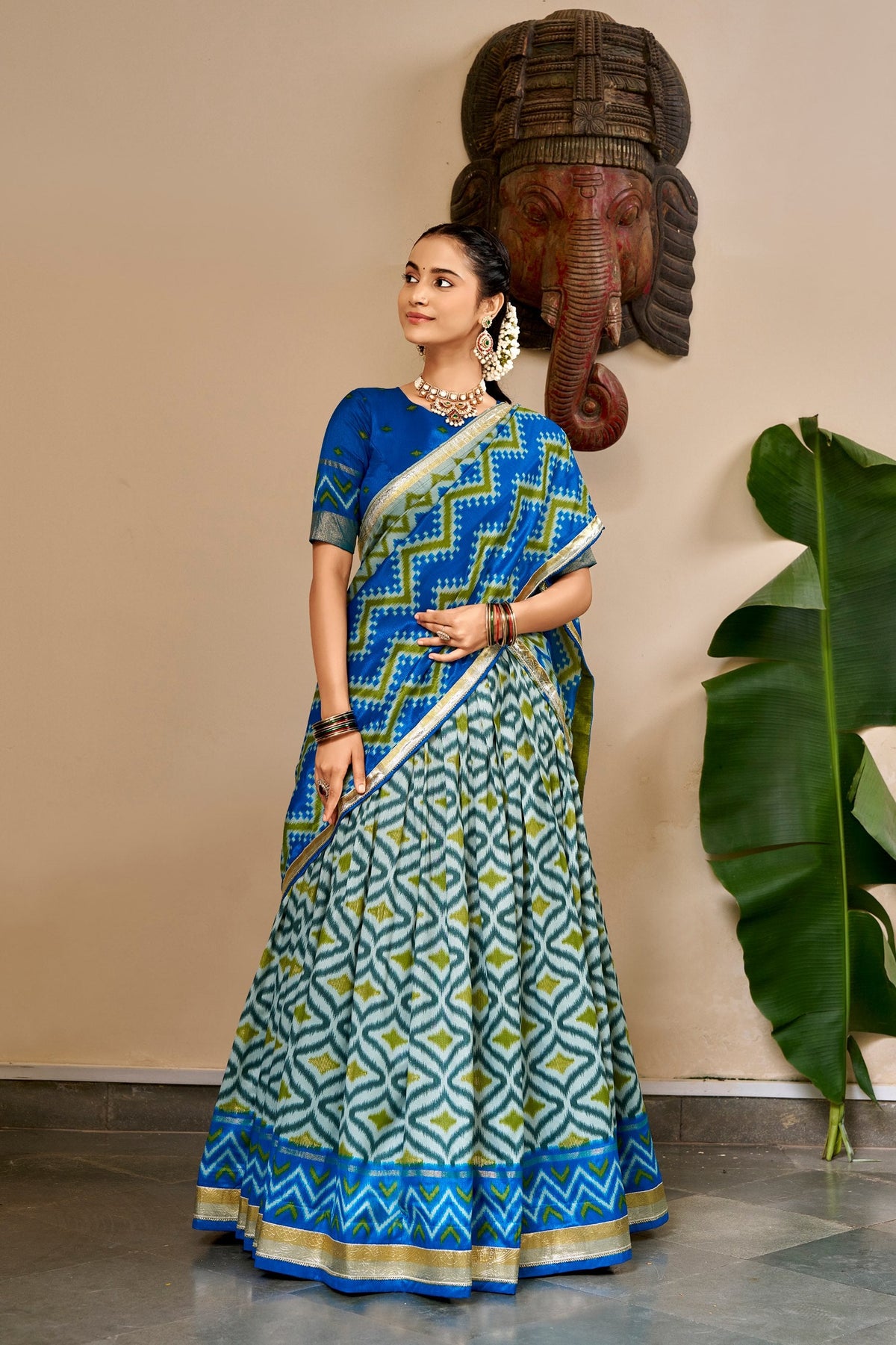 Sky Blue Silk Print Lehenga with Lace Dupatta ClothsVilla