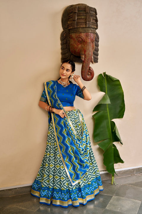 Sky Blue Silk Print Lehenga with Lace Dupatta ClothsVilla Main image